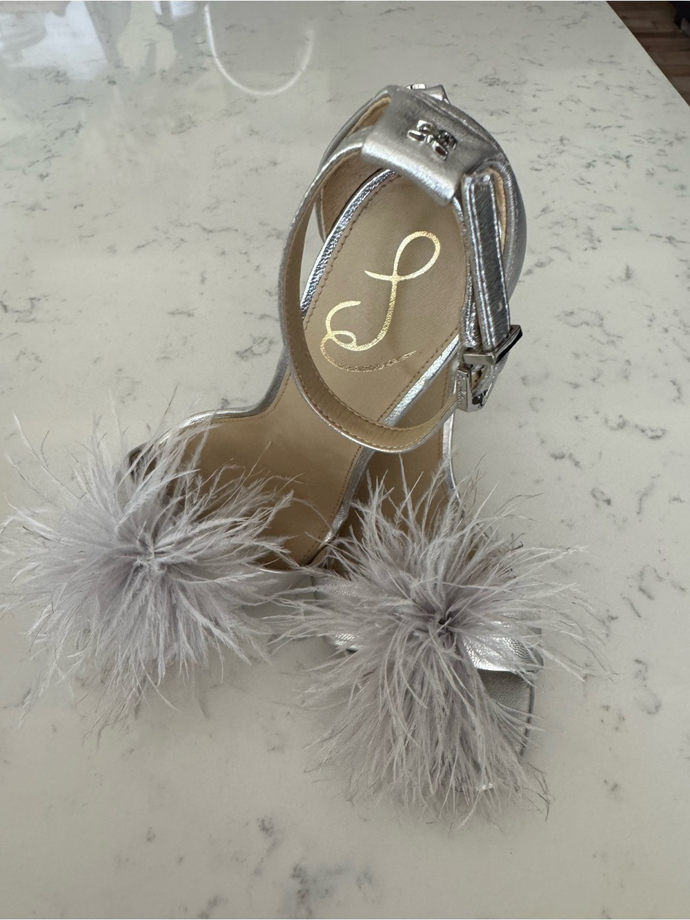 Sam Edelman Yaro Feather Heels Soft Silver Metallic Bridal Party Heels 🩶 - Picture 2 of 7